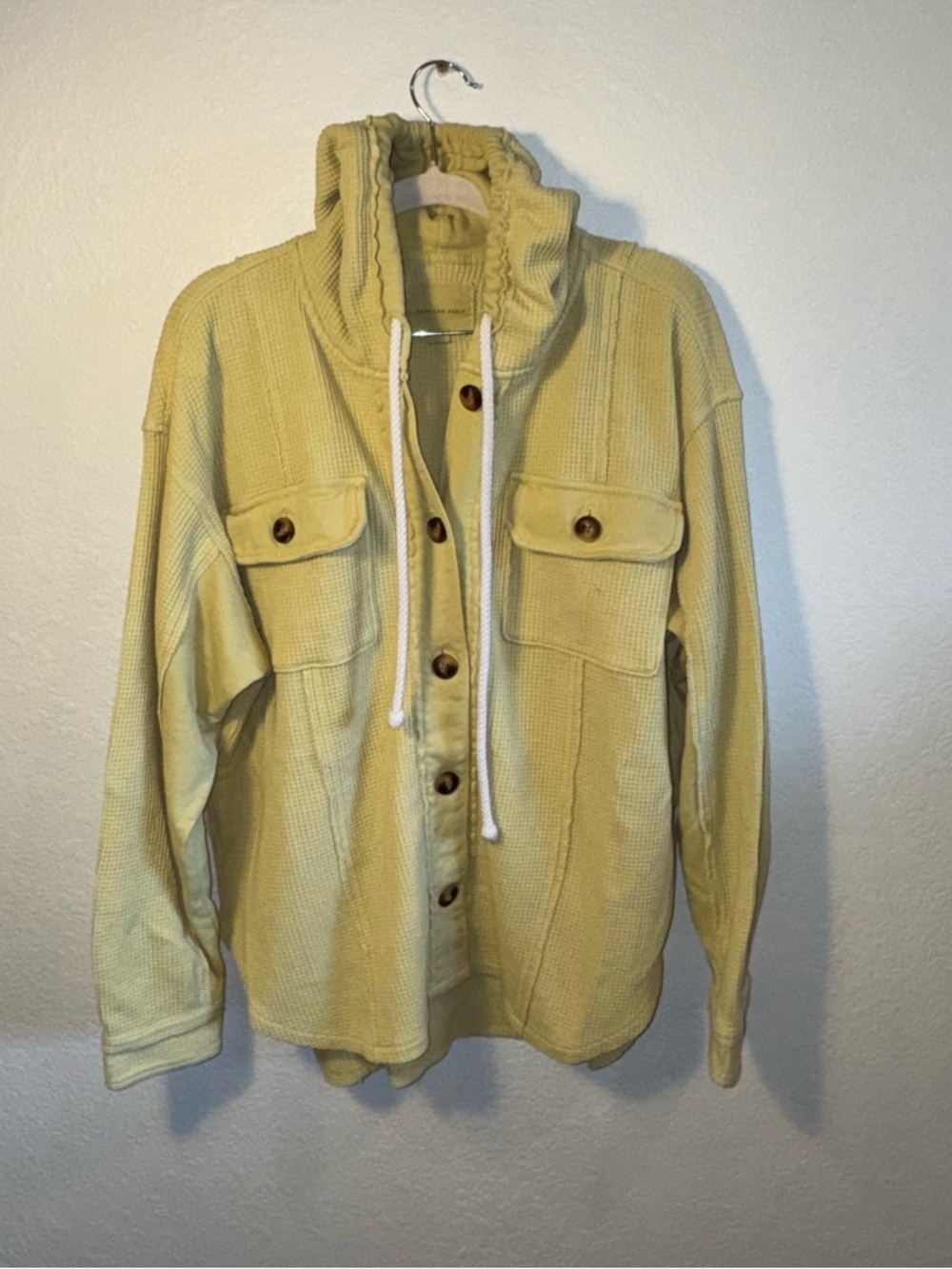 AEO Green Waffle Knit Button Up Hooded Casual Lounge Jacket Sweater Size M
